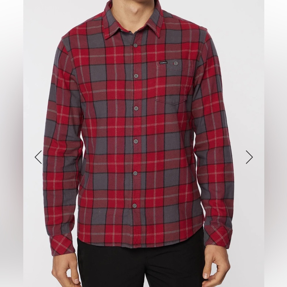 O’Neill Redmond Plaid Stretch Flannel Button Up Shirt Red Gray 2021 NWT-Small